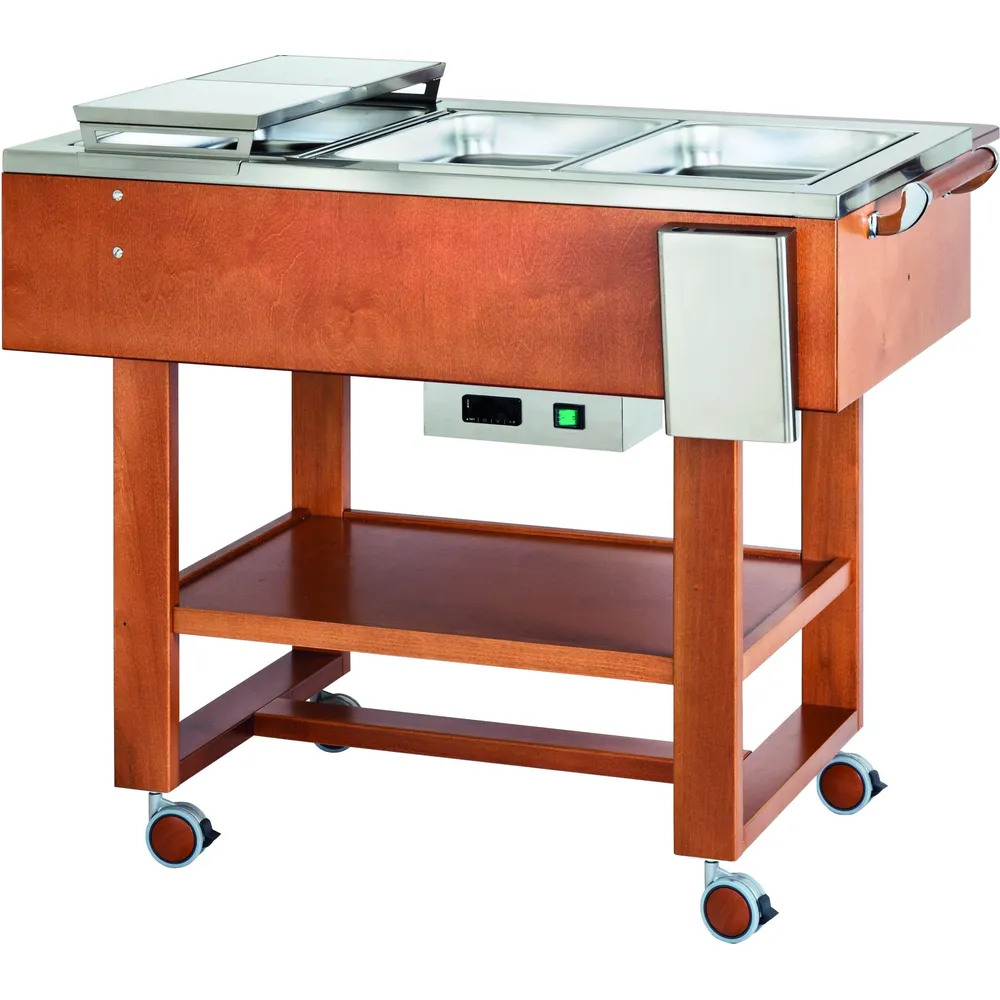 Gheridon , masa calda model lemn cu display 2000 W Numarul de tavi 3x GN1/1 150(h) mm Culoare Nuc