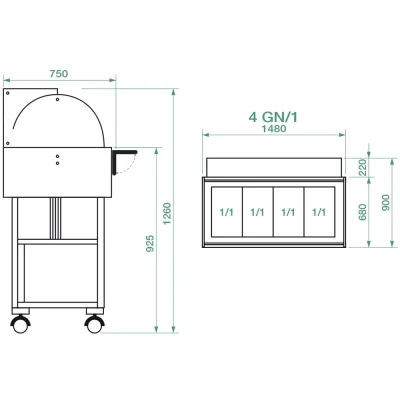 Gheridon , masa rece model lemn cu display 2500 W Numarul de tavi 3 x GN1/1 - 150(h) mm Culoare Gri